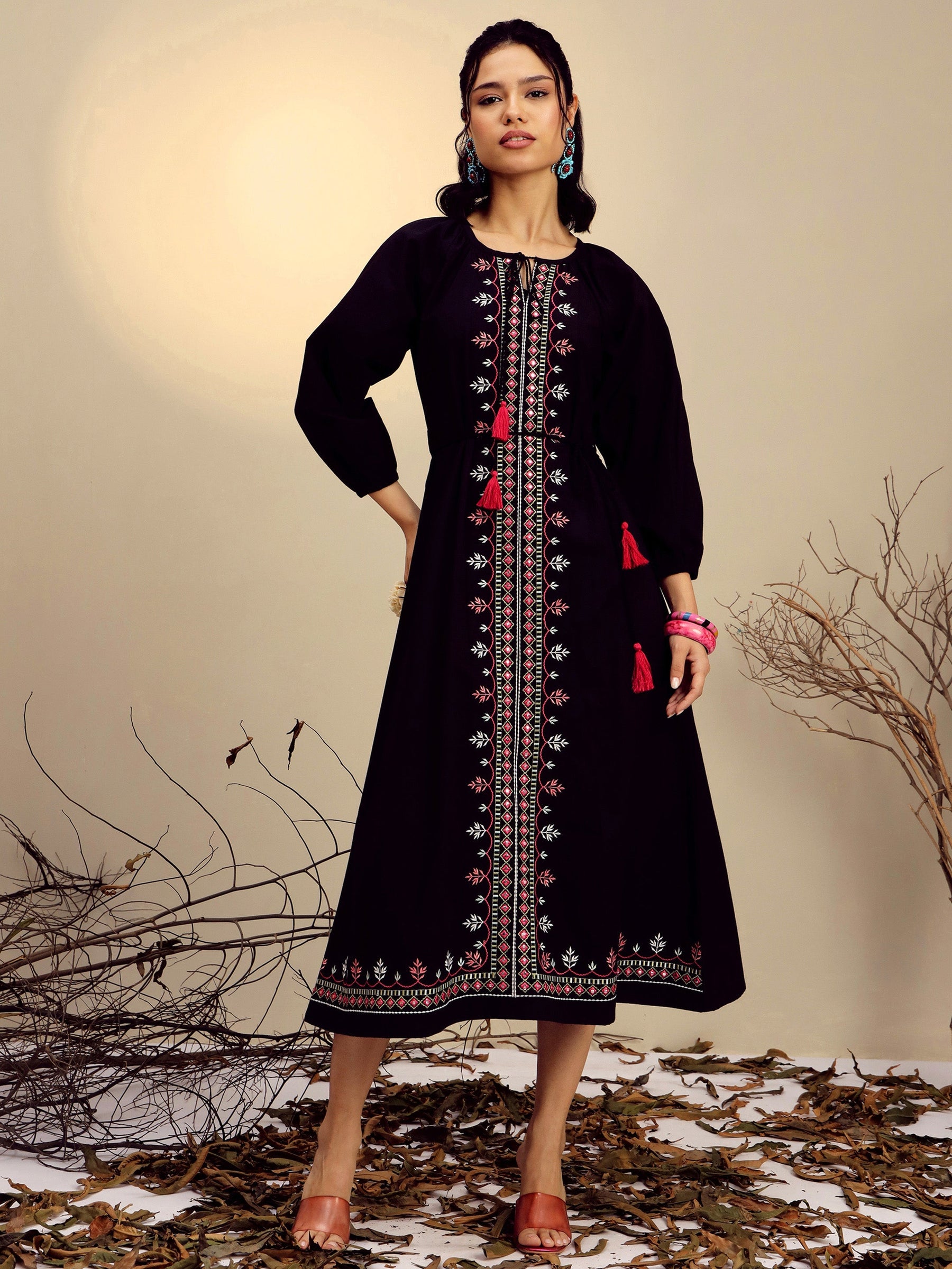 Women Black Poplin Embroidered Front Dori Midi Dress