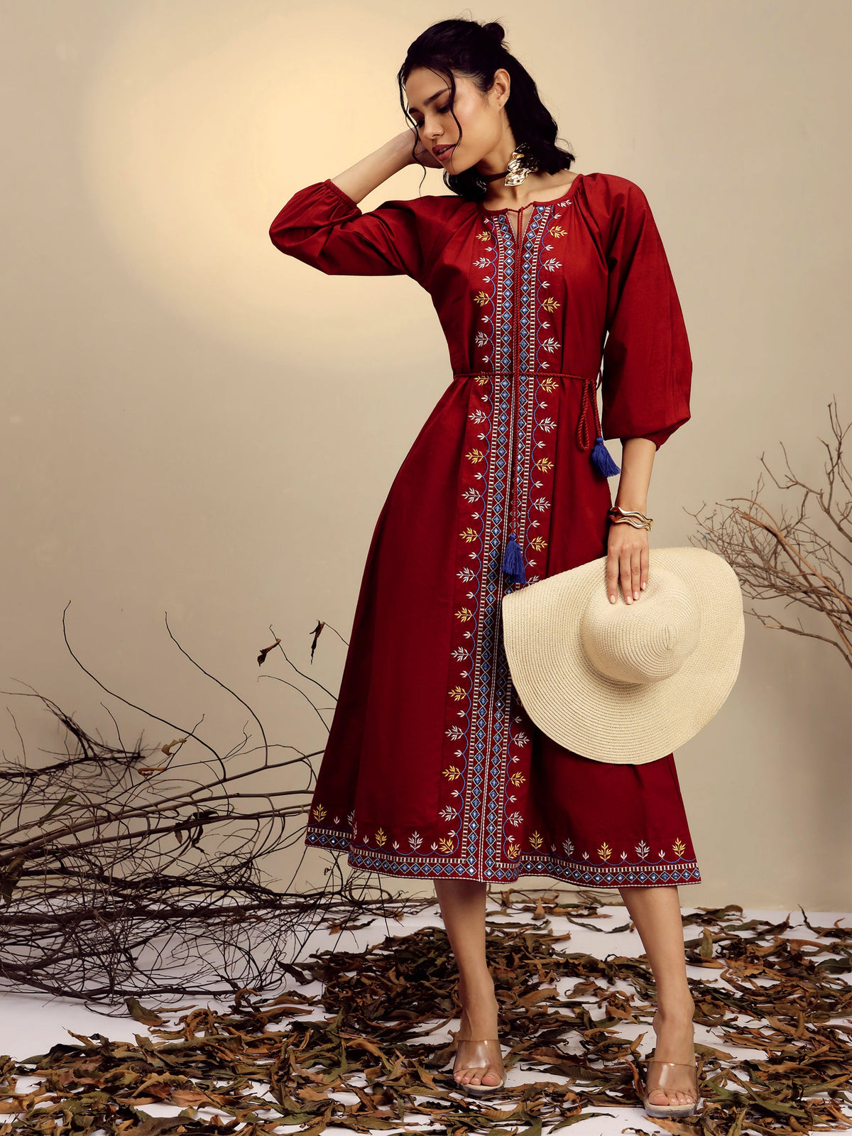 Maroon Poplin Embroidered Front Dori Midi Dress-Pink Paprika By SASSAFRAS