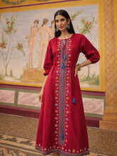 Women Maroon Poplin Embroidered Front Dori Midi Dress