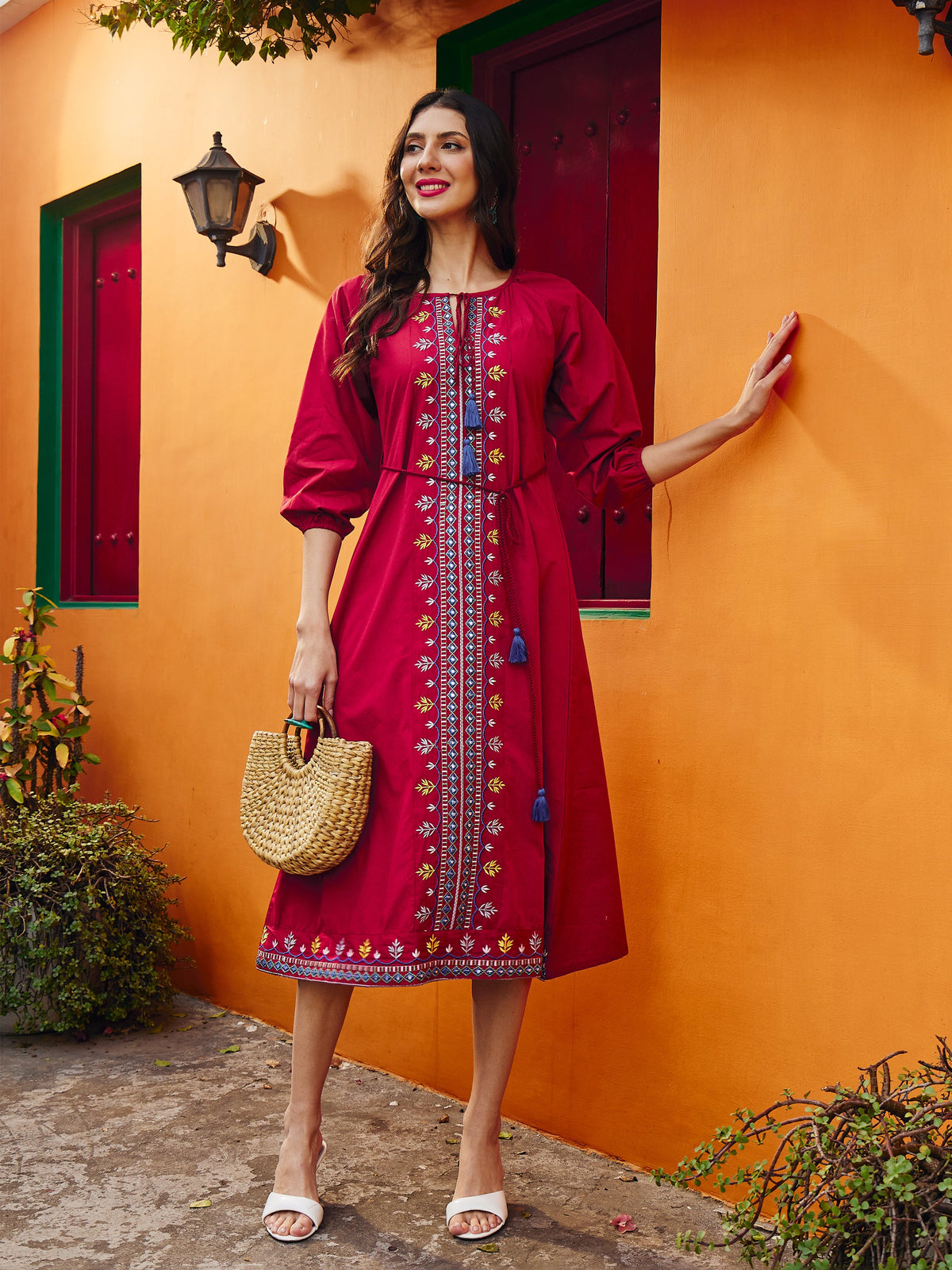 Women Maroon Poplin Embroidered Front Dori Midi Dress