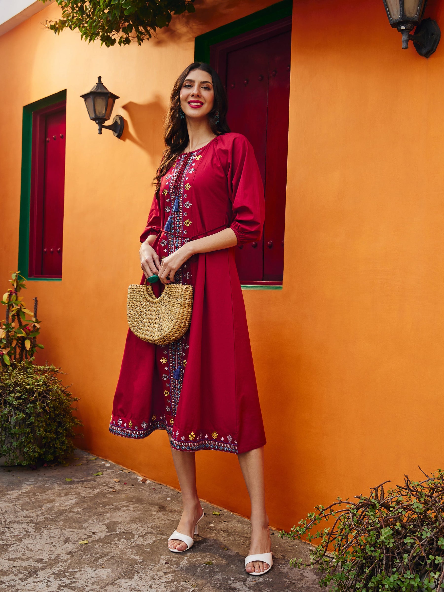Women Maroon Poplin Embroidered Front Dori Midi Dress