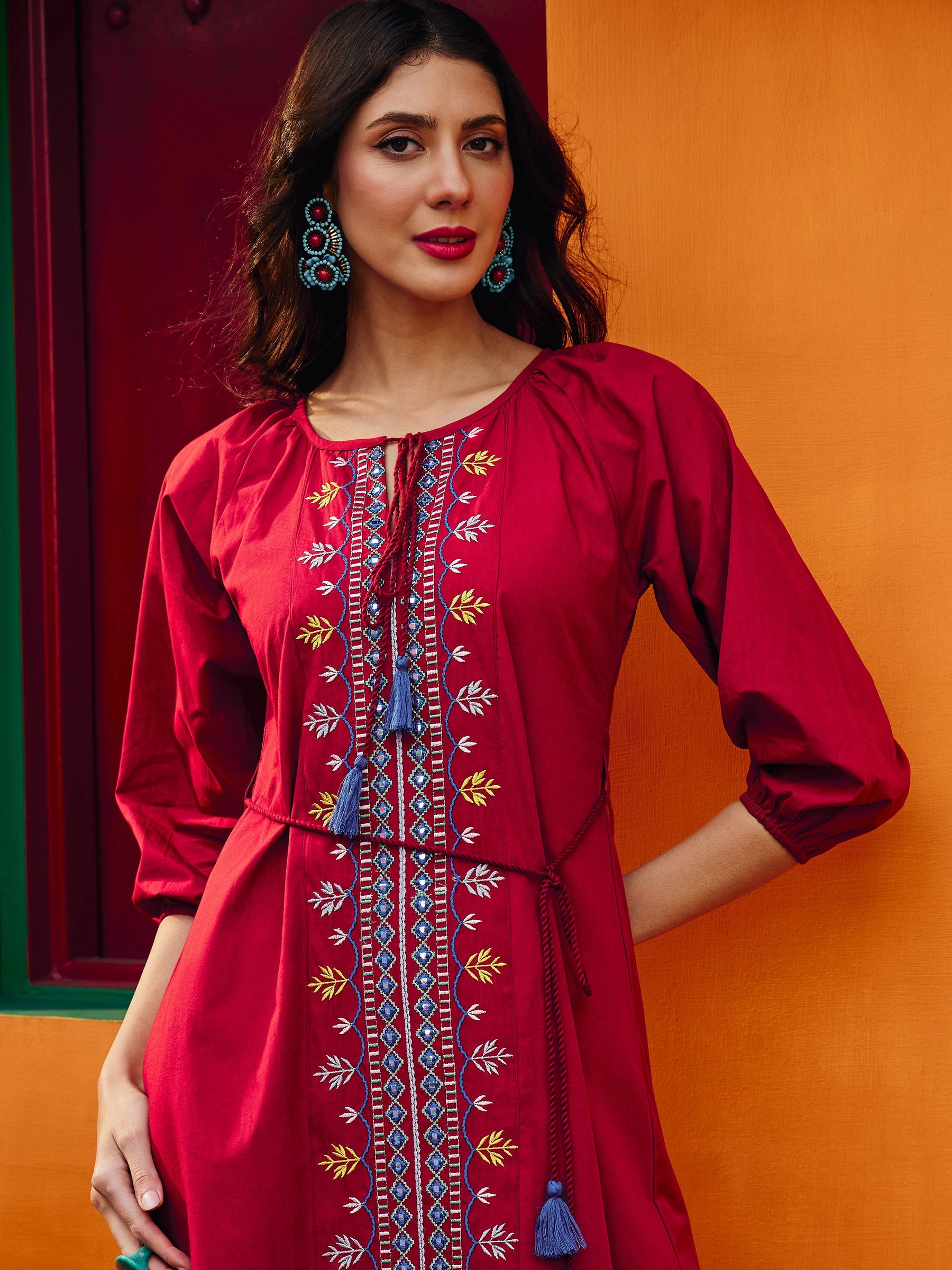 Women Maroon Poplin Embroidered Front Dori Midi Dress