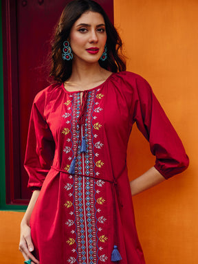 Women Maroon Poplin Embroidered Front Dori Midi Dress