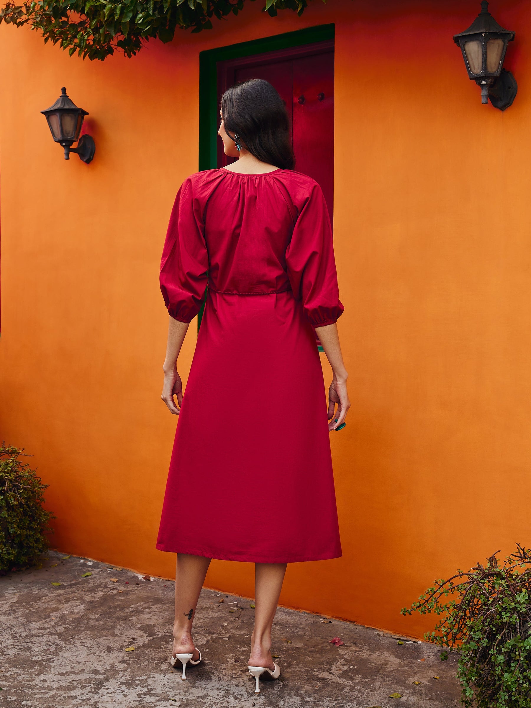 Women Maroon Poplin Embroidered Front Dori Midi Dress