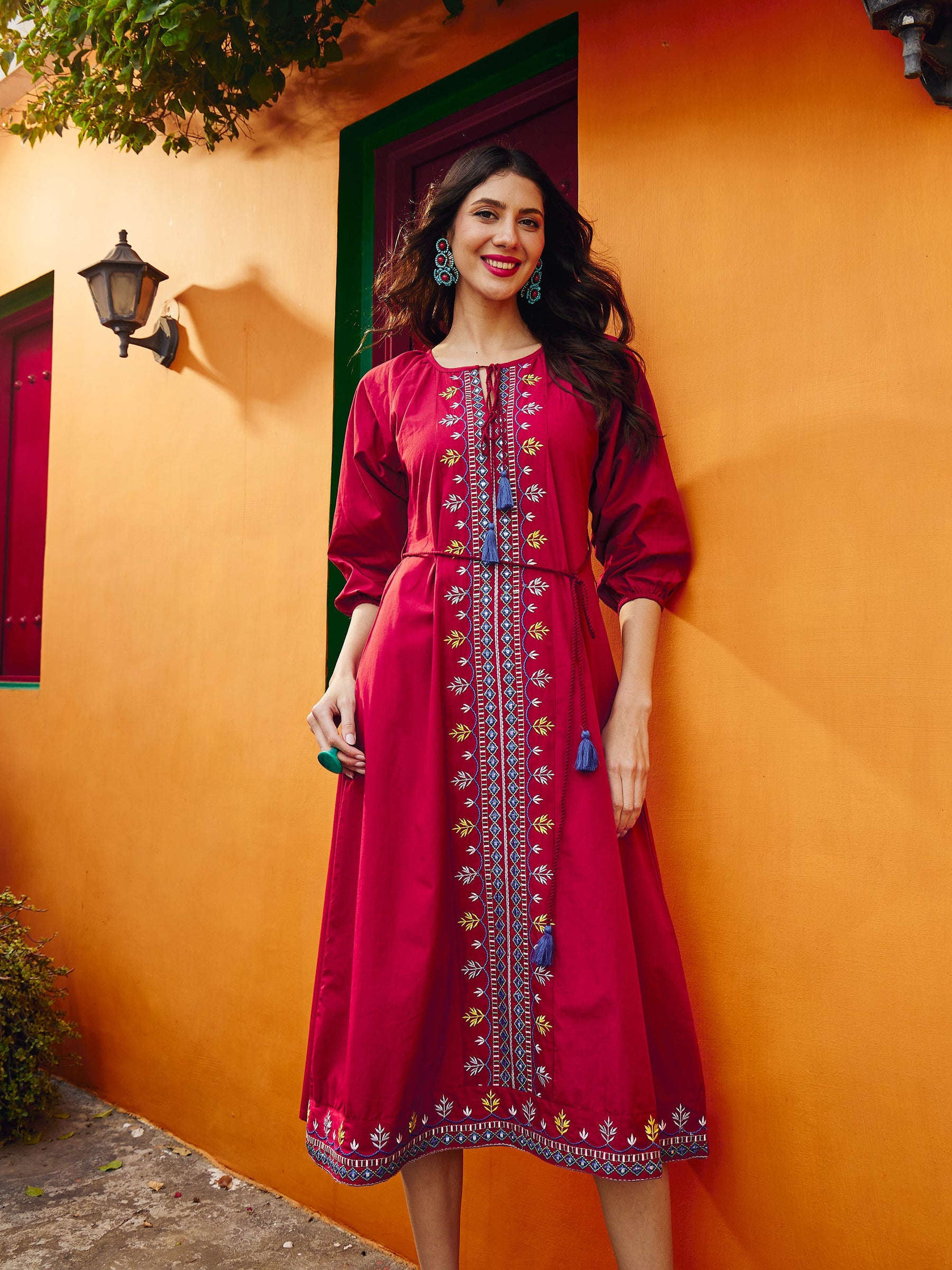 Women Maroon Poplin Embroidered Front Dori Midi Dress