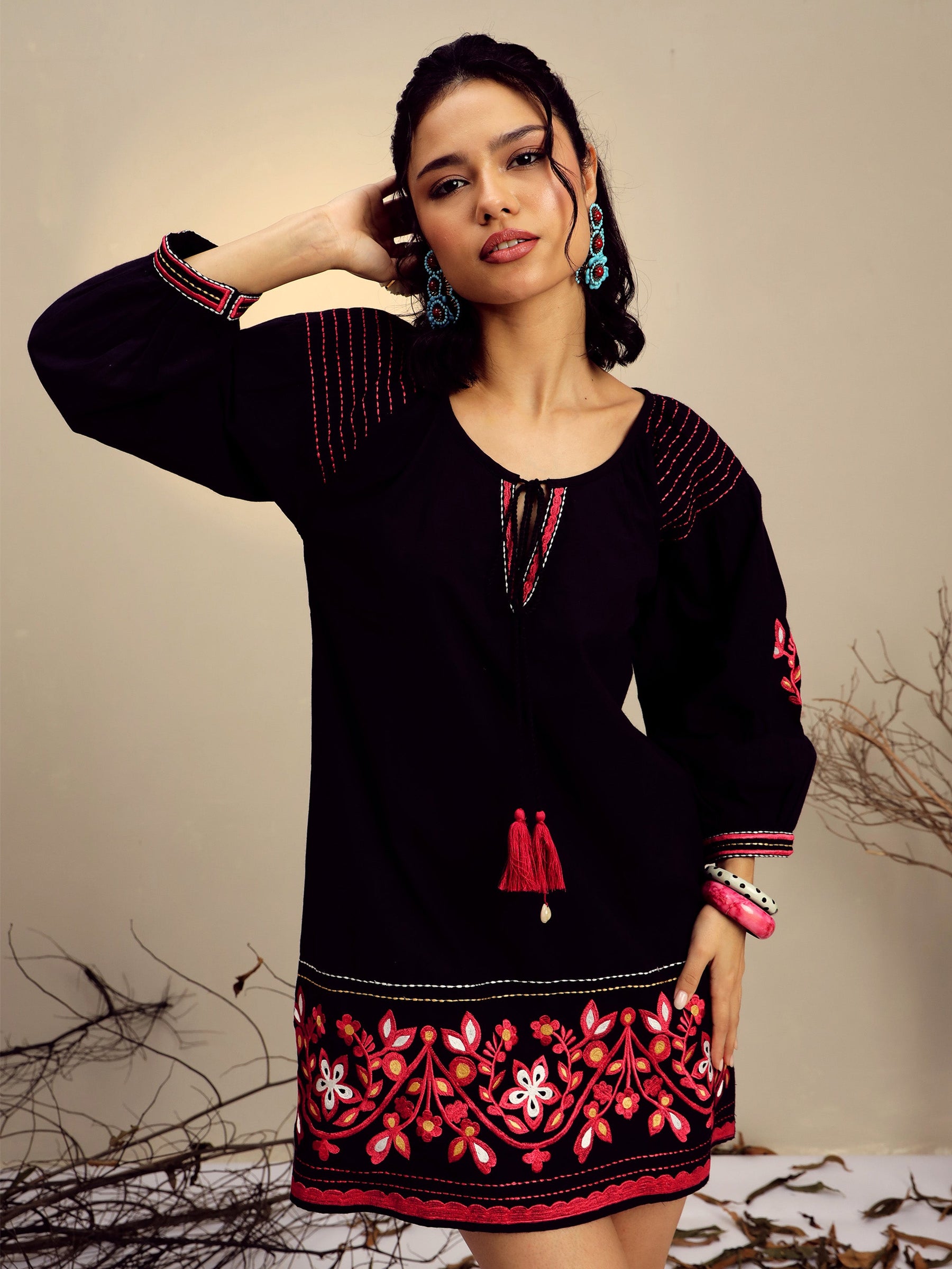 Black Poplin Embroidered A-Line Short Dress-Pink Paprika By SASSAFRAS