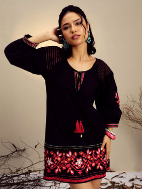 Black Poplin Embroidered A-Line Short Dress-Pink Paprika By SASSAFRAS