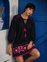 Women Black Poplin Embroidered A-Line Short Dress