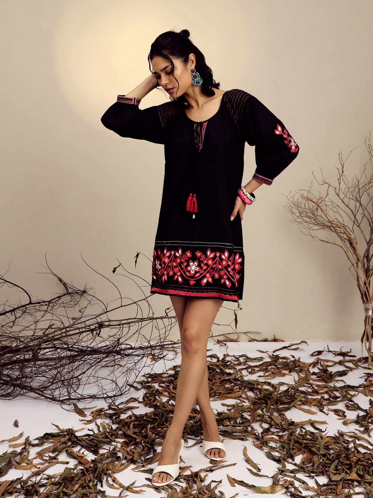 Black Poplin Embroidered A-Line Short Dress-Pink Paprika By SASSAFRAS