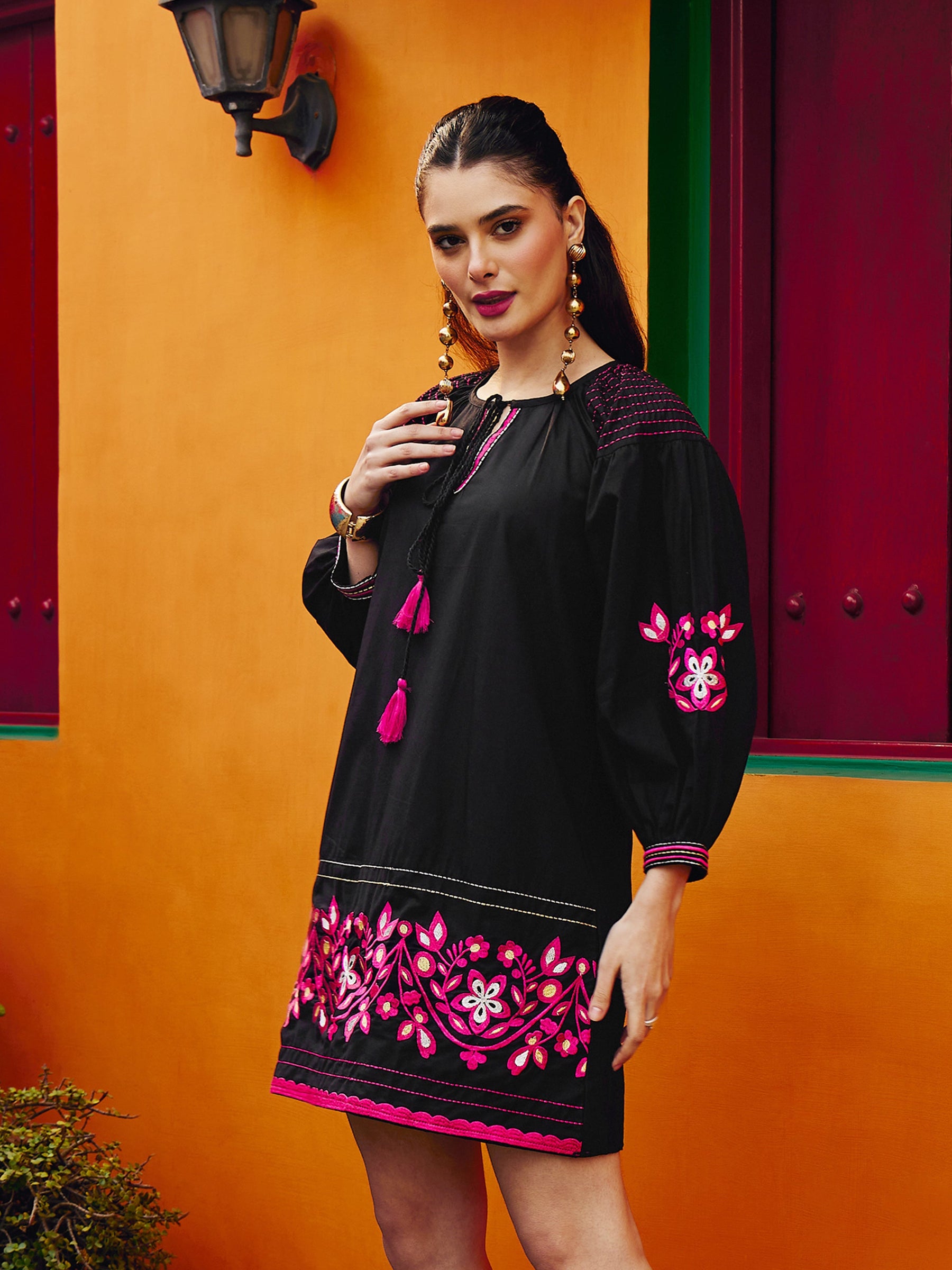 Women Black Poplin Embroidered A-Line Short Dress