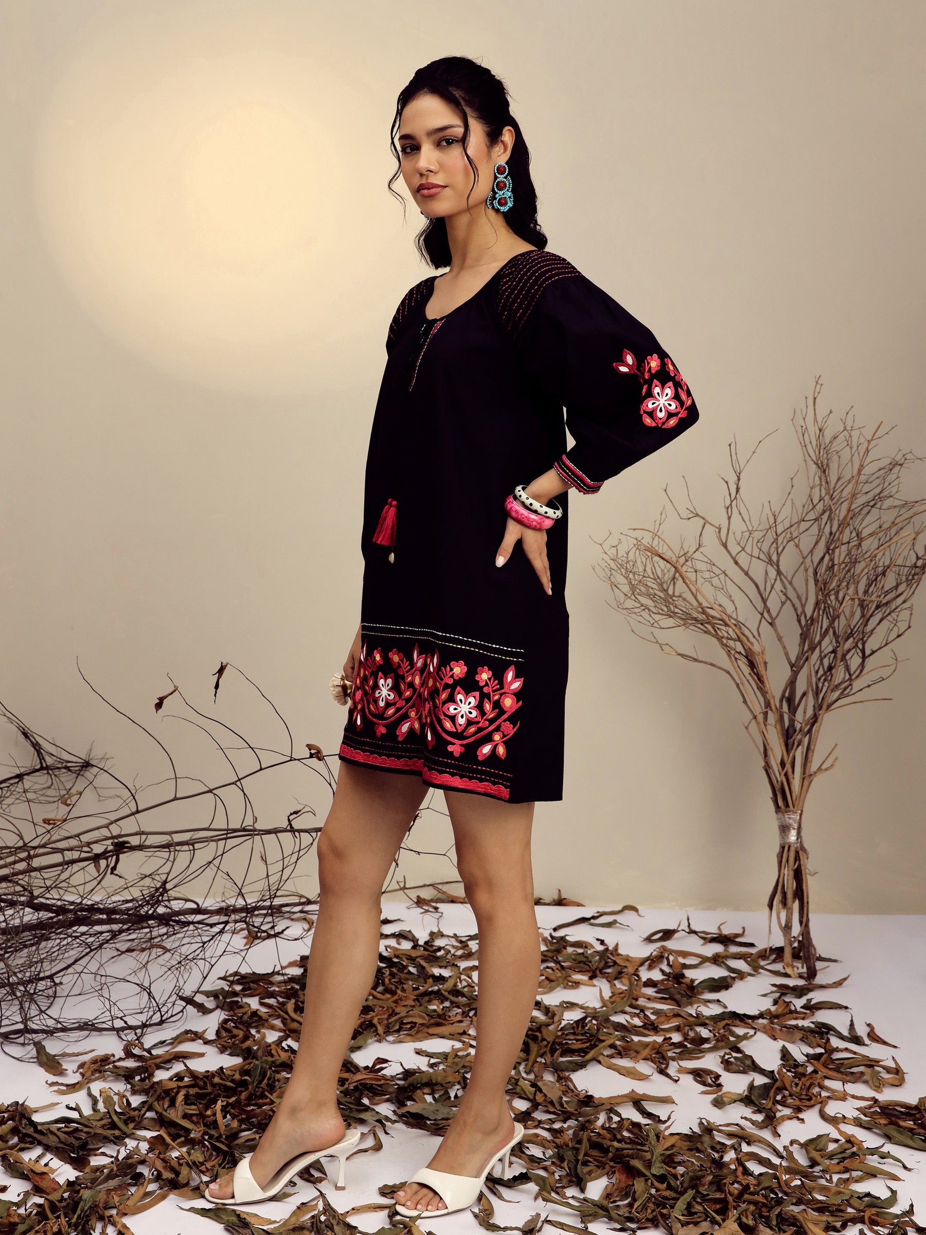 Black Poplin Embroidered A-Line Short Dress-Pink Paprika By SASSAFRAS