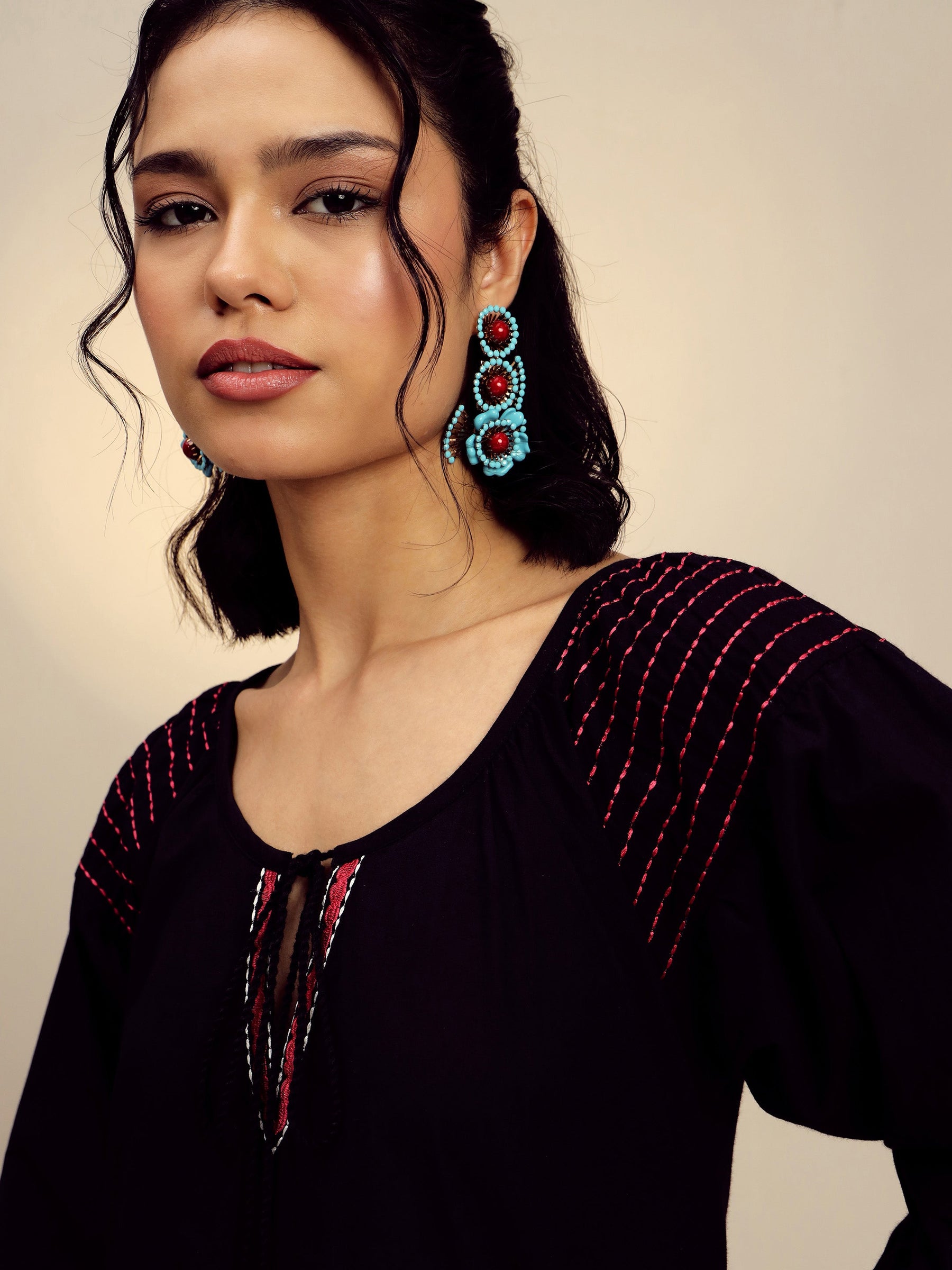 Black Poplin Embroidered A-Line Short Dress-Pink Paprika By SASSAFRAS