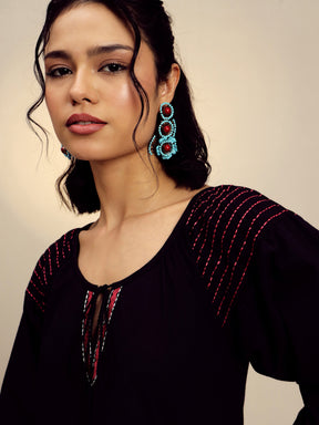 Black Poplin Embroidered A-Line Short Dress-Pink Paprika By SASSAFRAS