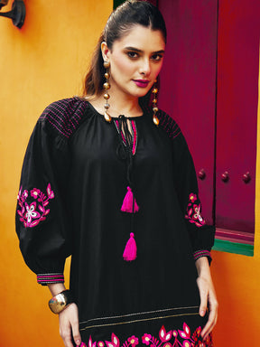 Women Black Poplin Embroidered A-Line Short Dress