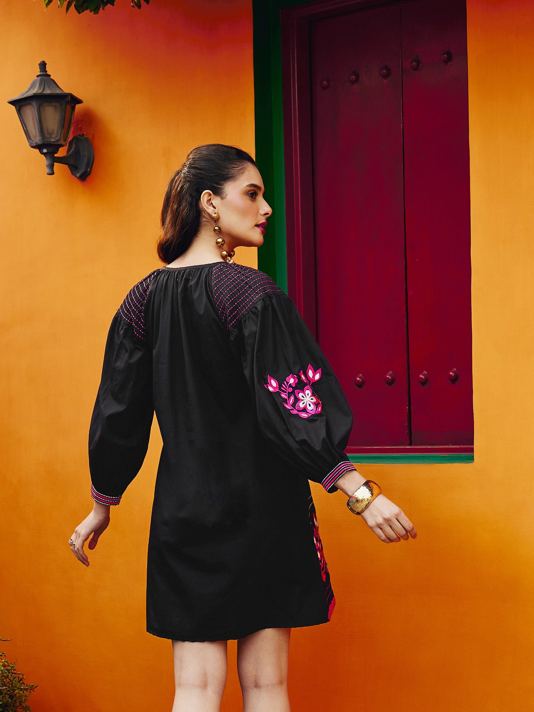Women Black Poplin Embroidered A-Line Short Dress