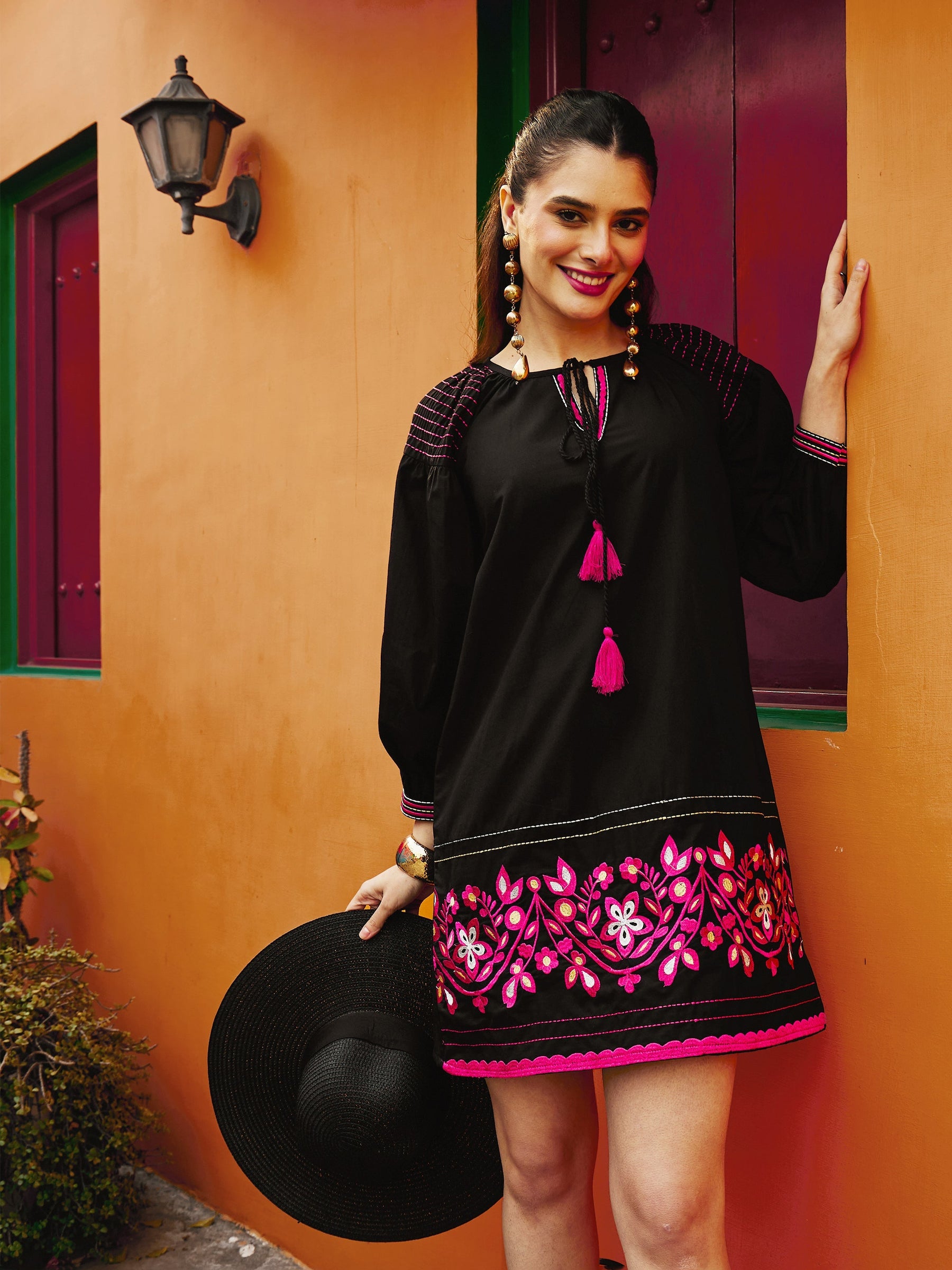 Women Black Poplin Embroidered A-Line Short Dress