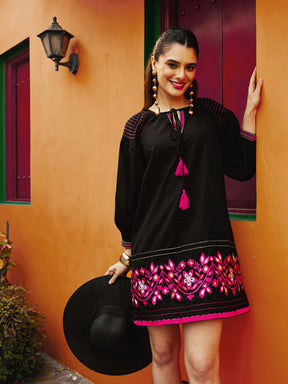 Women Black Poplin Embroidered A-Line Short Dress