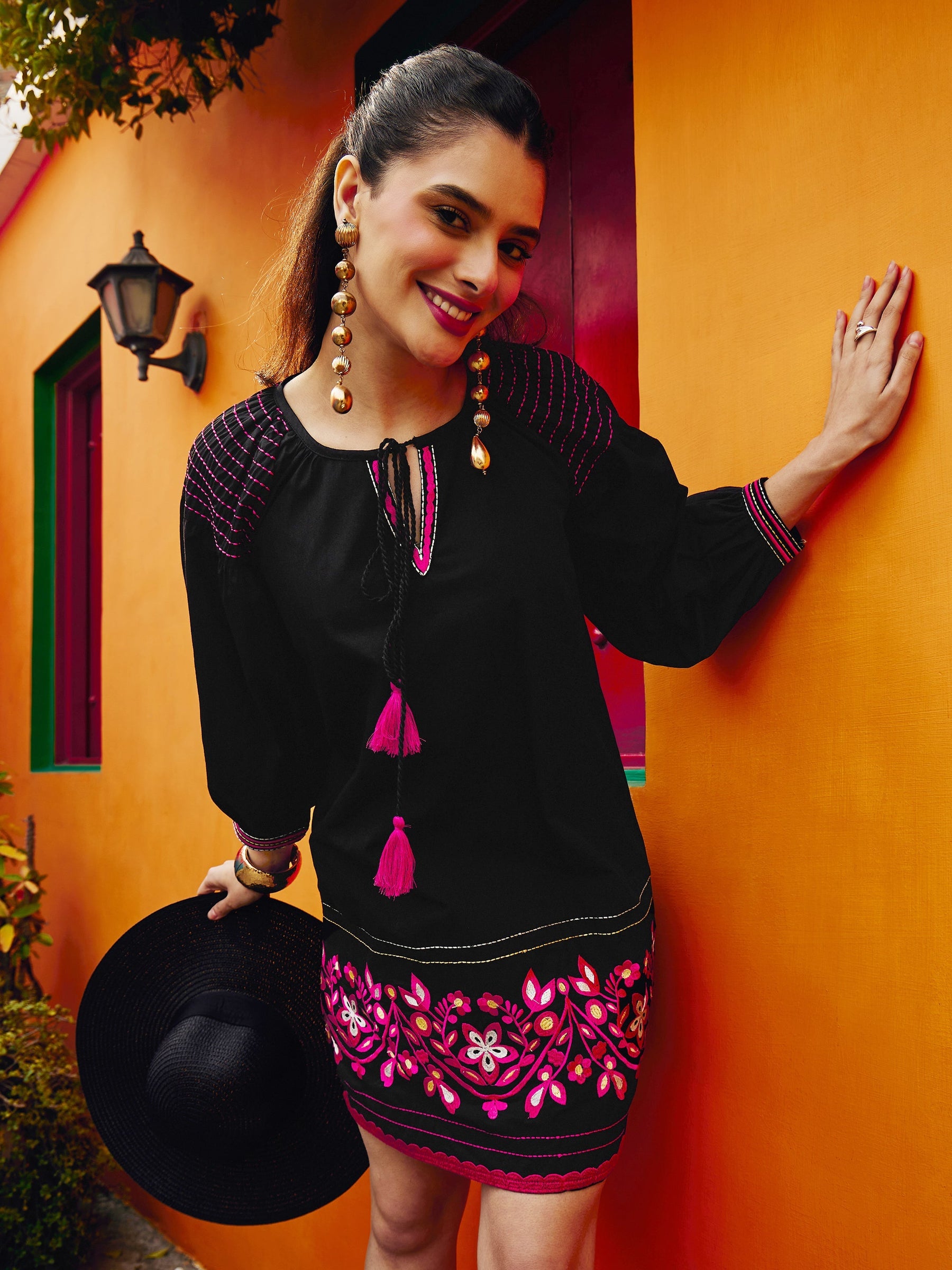 Women Black Poplin Embroidered A-Line Short Dress