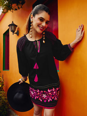 Women Black Poplin Embroidered A-Line Short Dress