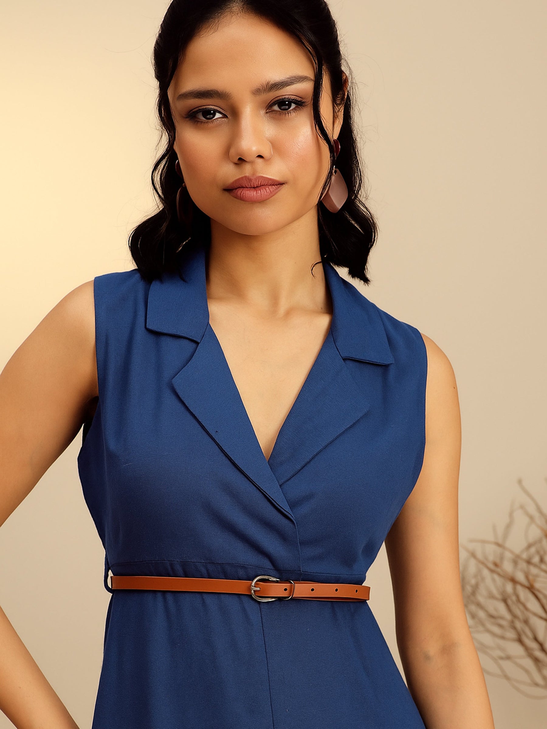 Navy Notch Collar Front Slit Midi Dress-Pink Paprika By SASSAFRAS