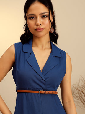 Navy Notch Collar Front Slit Midi Dress-Pink Paprika By SASSAFRAS