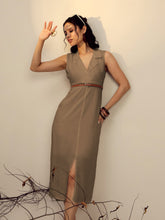 Beige Notch Collar Front Slit Midi Dress-Pink Paprika By SASSAFRAS