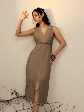 Beige Notch Collar Front Slit Midi Dress-Pink Paprika By SASSAFRAS