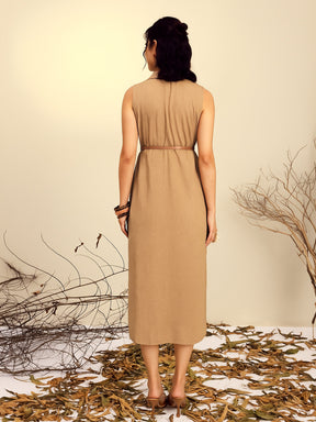 Beige Notch Collar Front Slit Midi Dress-Pink Paprika By SASSAFRAS