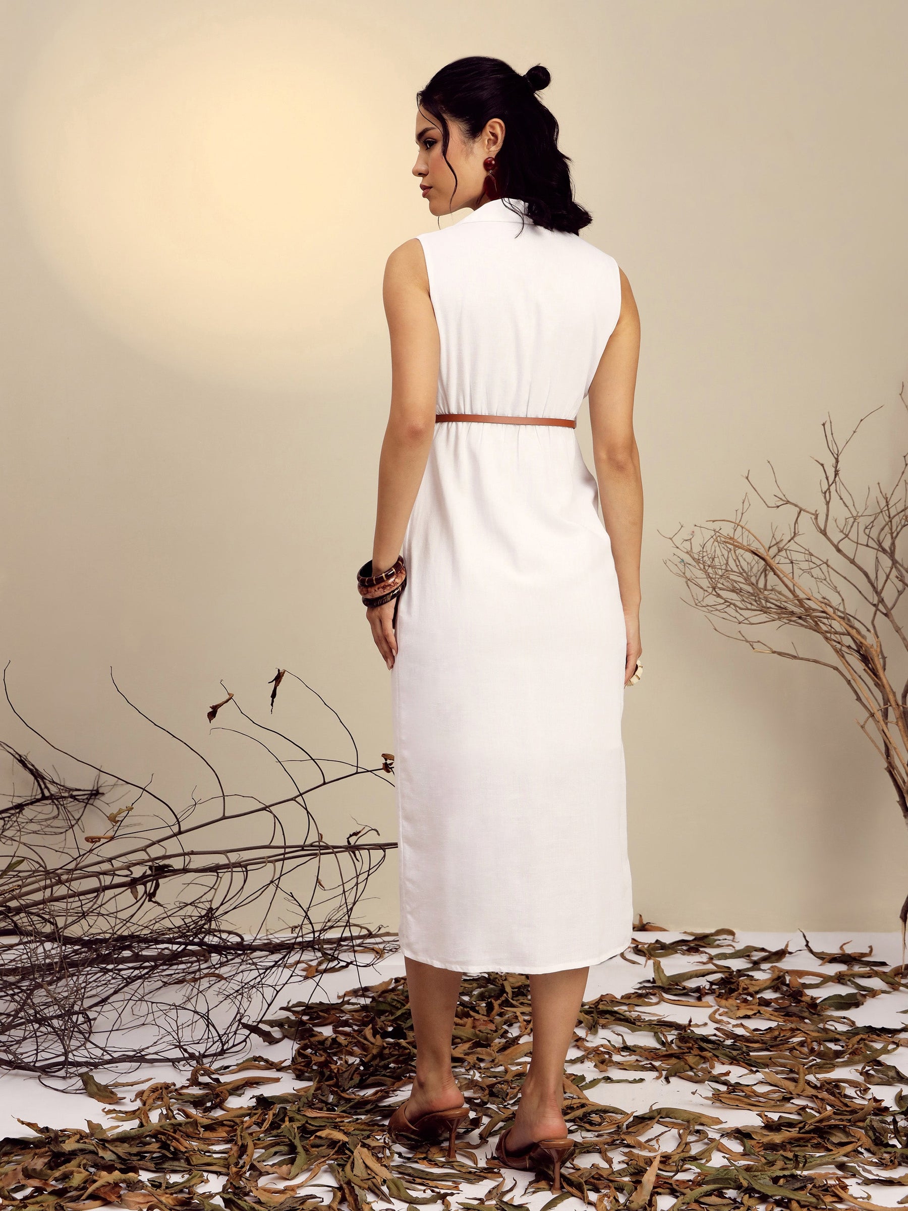 White Notch Collar Front Slit Midi Dress-Pink Paprika By SASSAFRAS