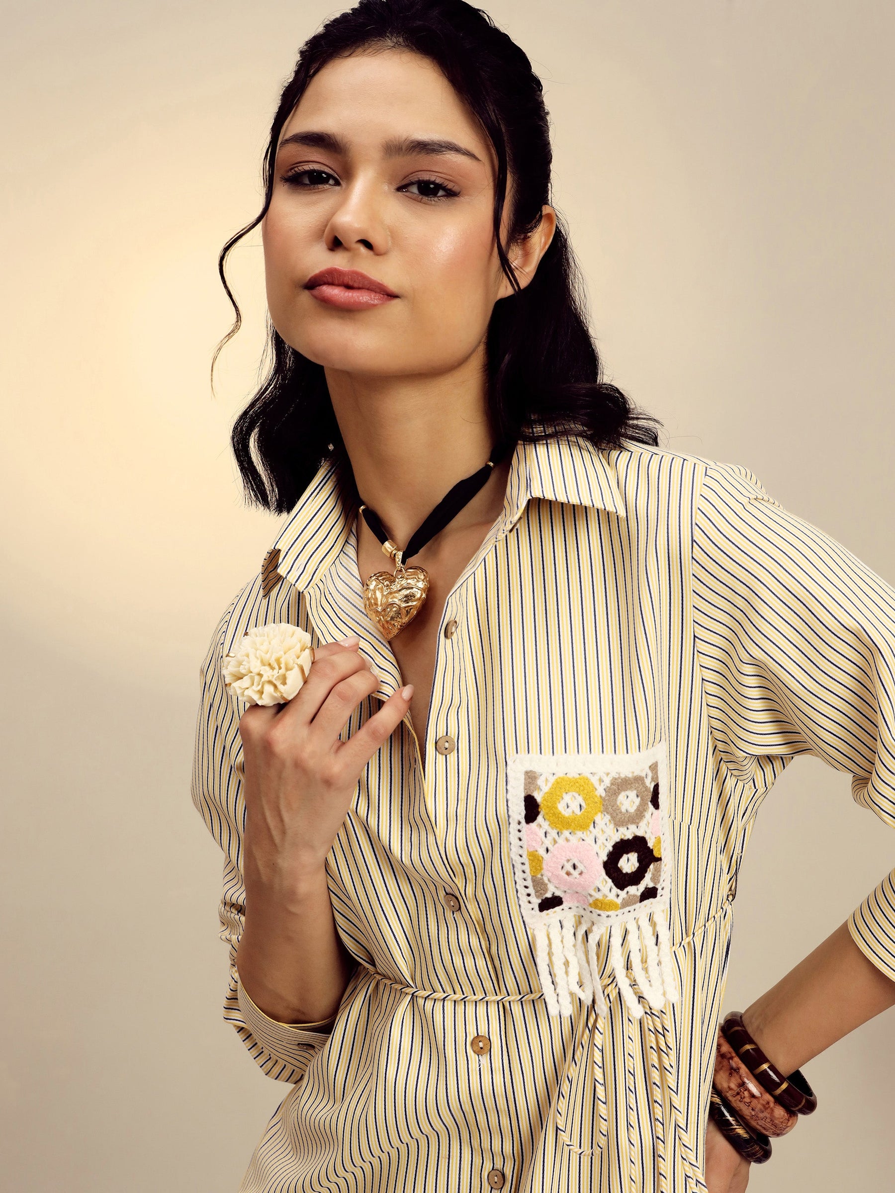 Yellow Striped Shirt Dress-Pink Paprika By SASSAFRAS