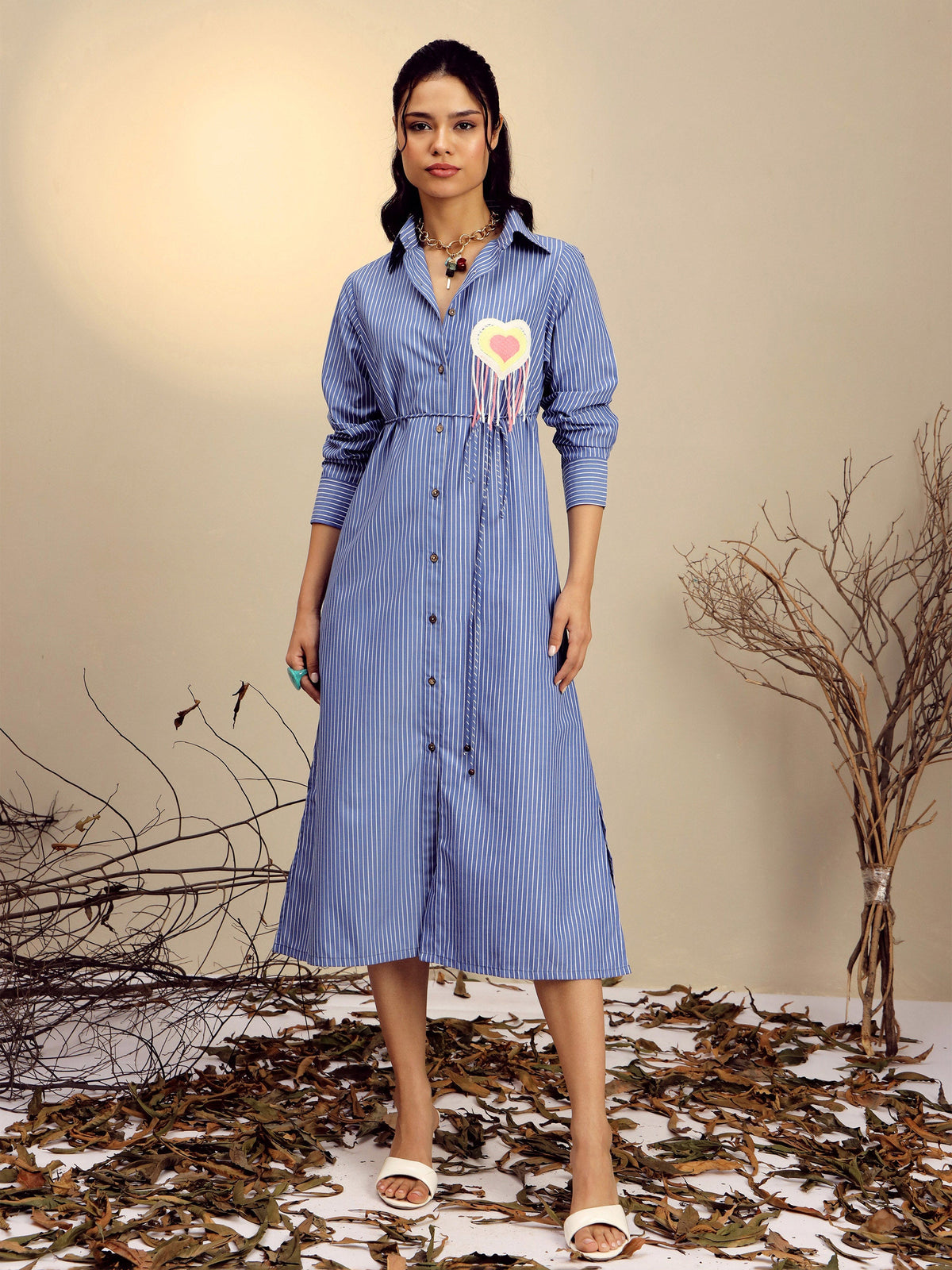 Navy Blue Striped Shirt Dress-Pink Paprika By SASSAFRAS