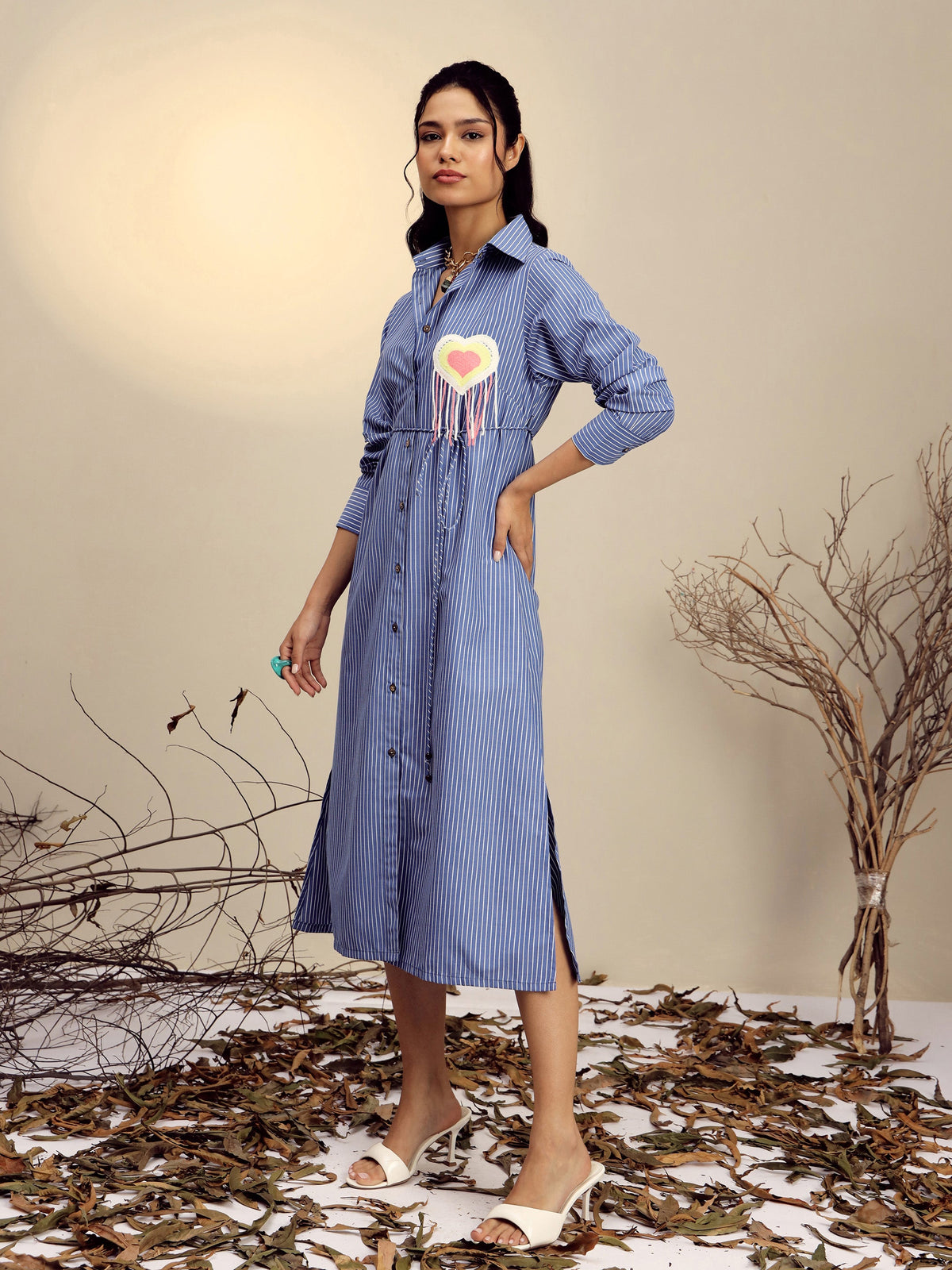 Navy Blue Striped Shirt Dress-Pink Paprika By SASSAFRAS