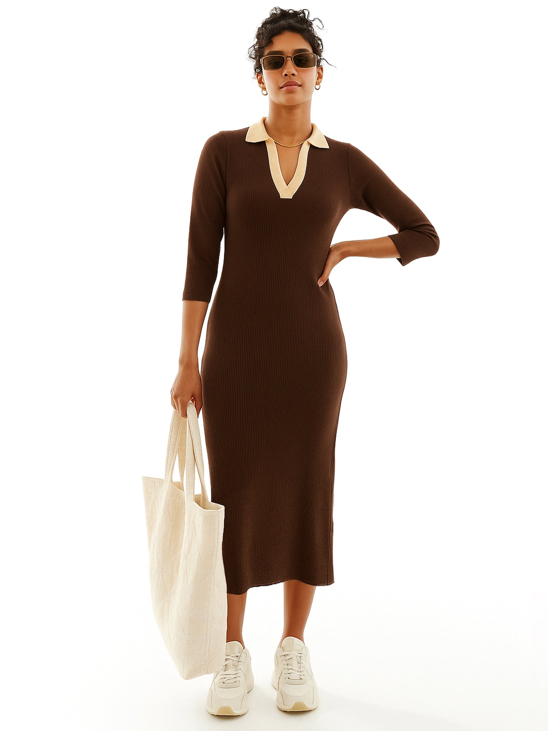 Brown Rib Contrast Collar Midi Dress-SASSAFRAS BASICS