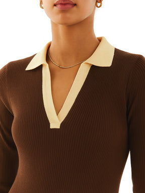 Brown Rib Contrast Collar Midi Dress-SASSAFRAS BASICS