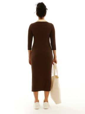 Brown Rib Contrast Collar Midi Dress-SASSAFRAS BASICS