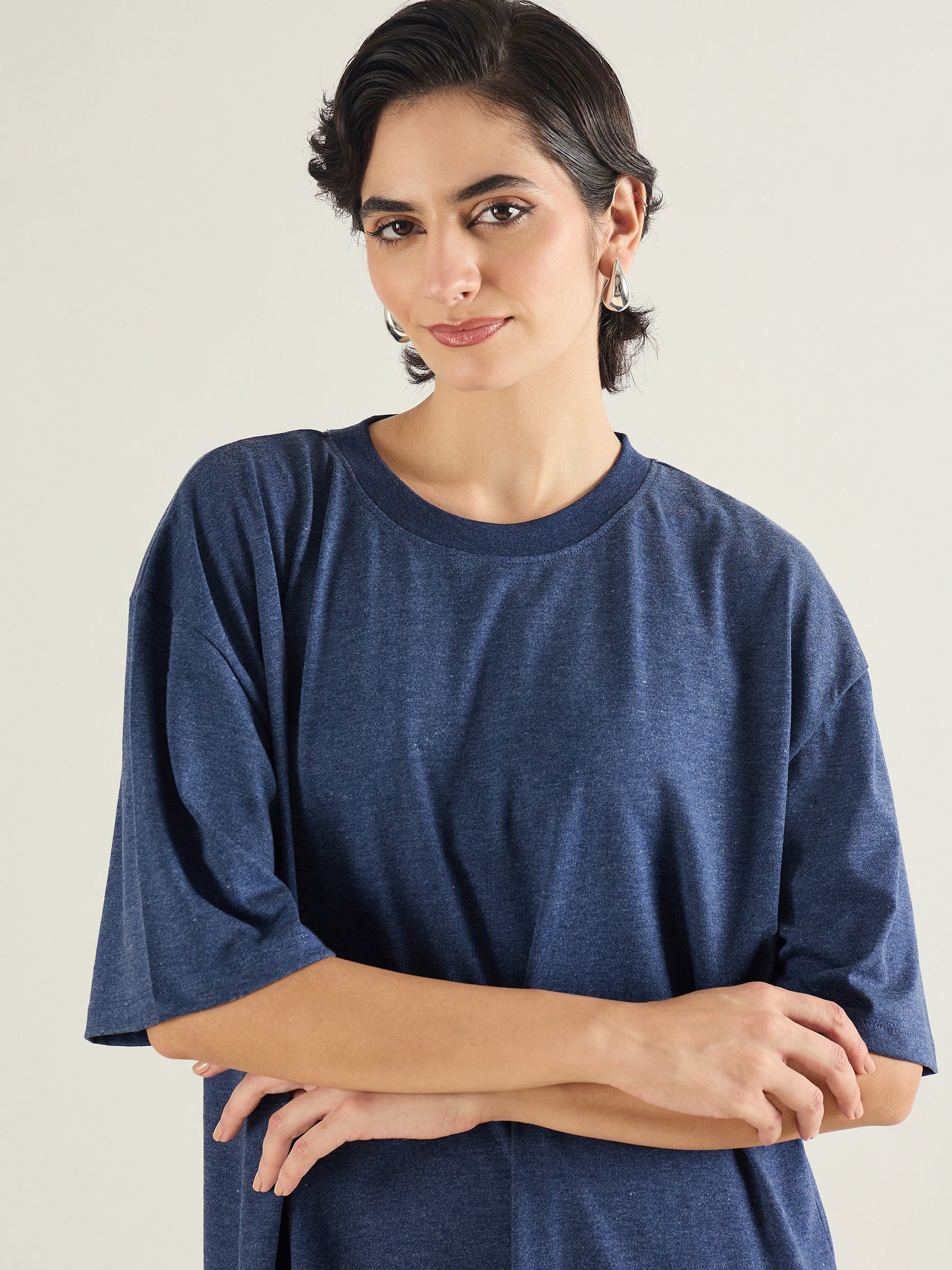 Navy Melange Oversized T-Shirt Dress-SASSAFRAS BASICS