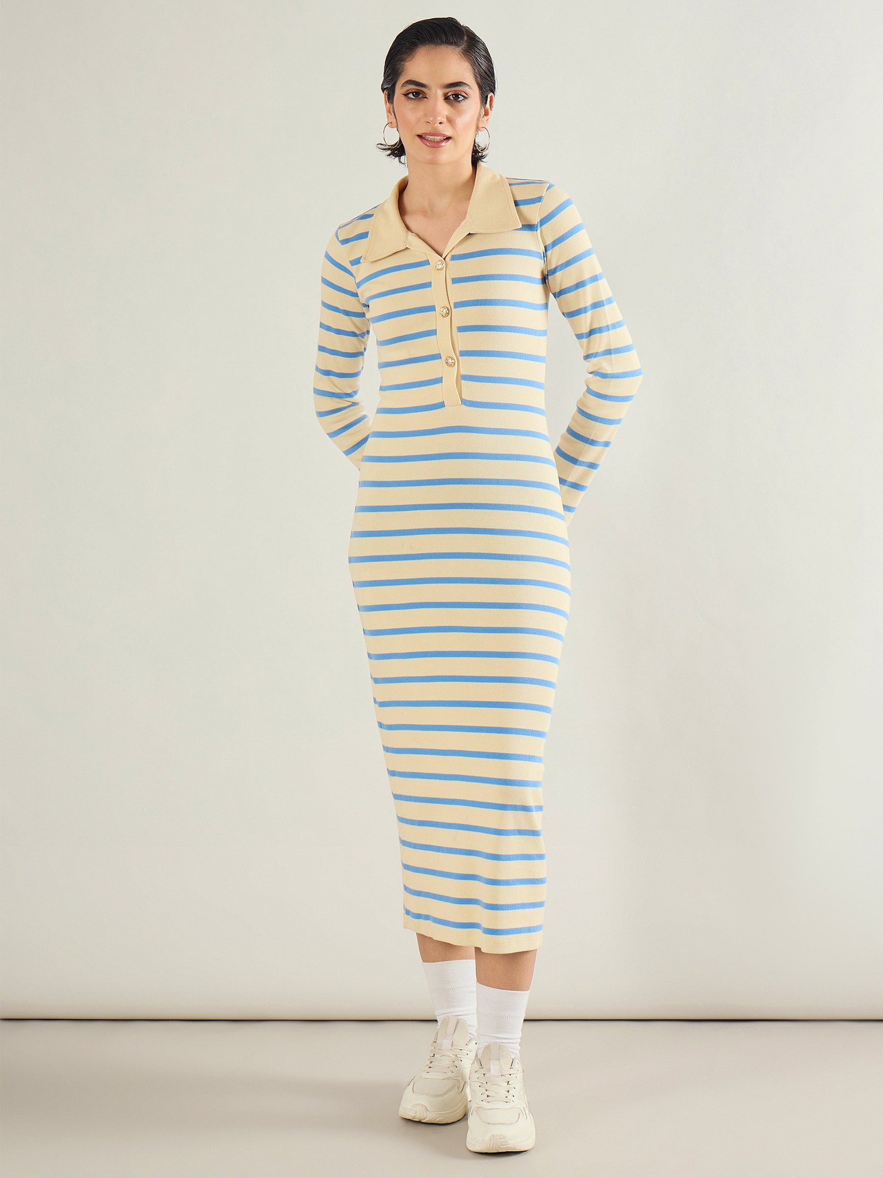 Blue & Off-White Stripe Full Sleeve Midi Dress-SASSAFRAS
