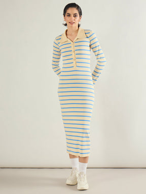 Blue & Off-White Stripe Full Sleeve Midi Dress-SASSAFRAS