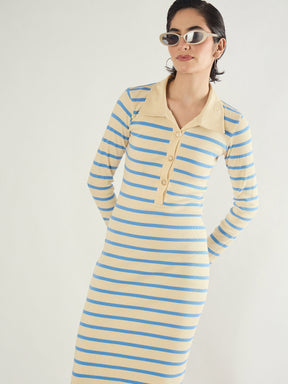 Blue & Off-White Stripe Full Sleeve Midi Dress-SASSAFRAS