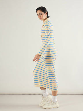 Blue & Off-White Stripe Full Sleeve Midi Dress-SASSAFRAS