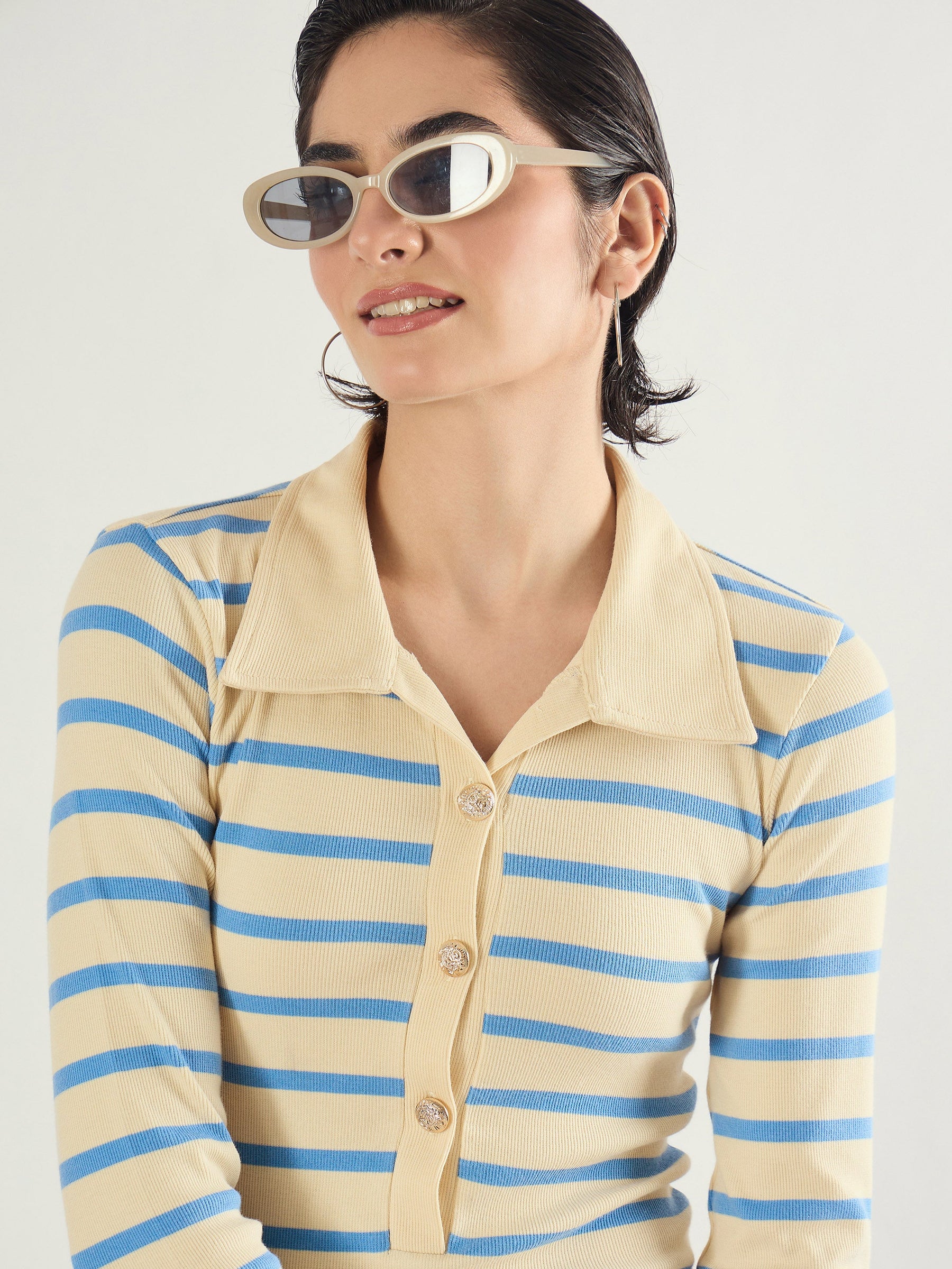 Blue & Off-White Stripe Full Sleeve Midi Dress-SASSAFRAS