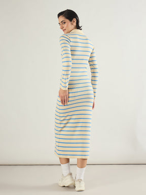 Blue & Off-White Stripe Full Sleeve Midi Dress-SASSAFRAS