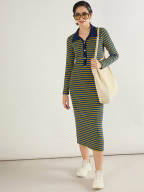 Yellow & Blue Stripe Full Sleeve Midi Dress-SASSAFRAS