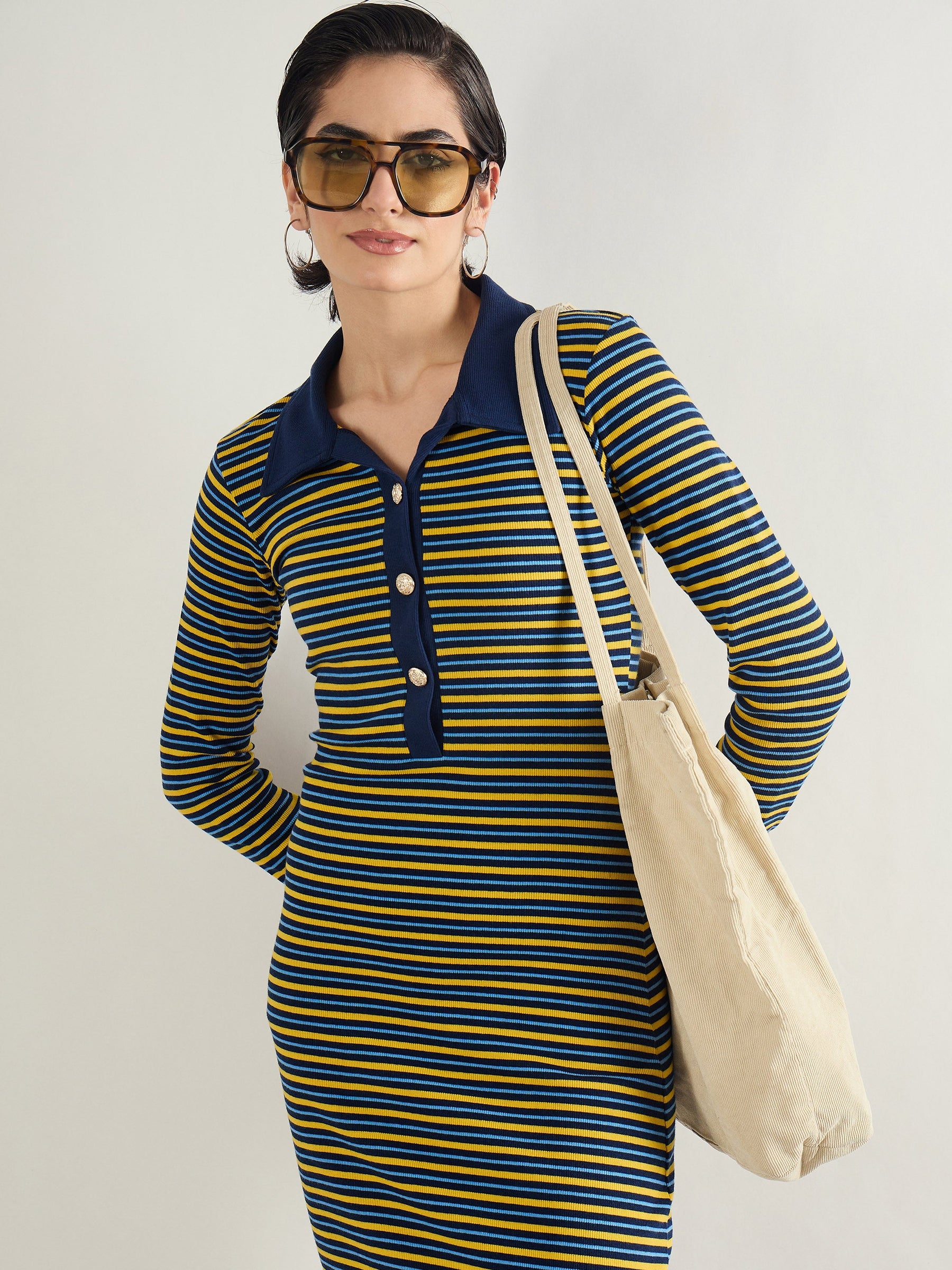 Yellow & Blue Stripe Full Sleeve Midi Dress-SASSAFRAS