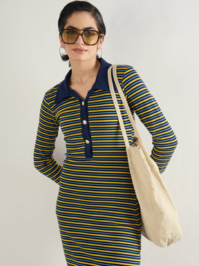 Yellow & Blue Stripe Full Sleeve Midi Dress-SASSAFRAS