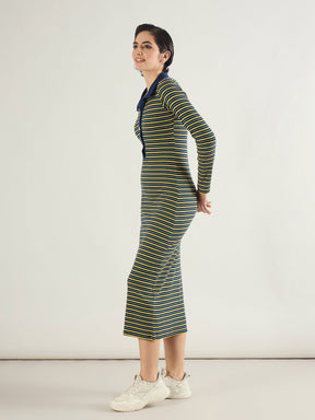 Yellow & Blue Stripe Full Sleeve Midi Dress-SASSAFRAS