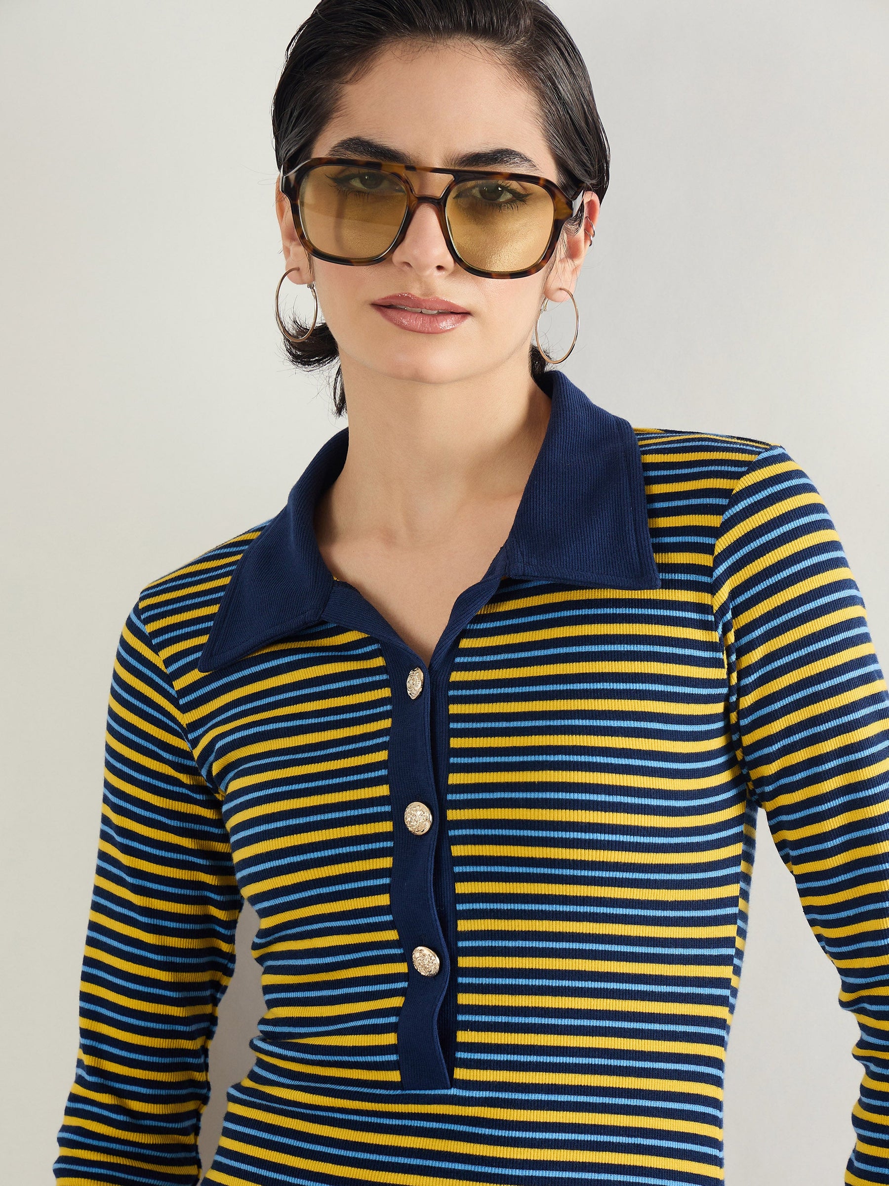 Yellow & Blue Stripe Full Sleeve Midi Dress-SASSAFRAS