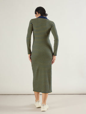 Yellow & Blue Stripe Full Sleeve Midi Dress-SASSAFRAS