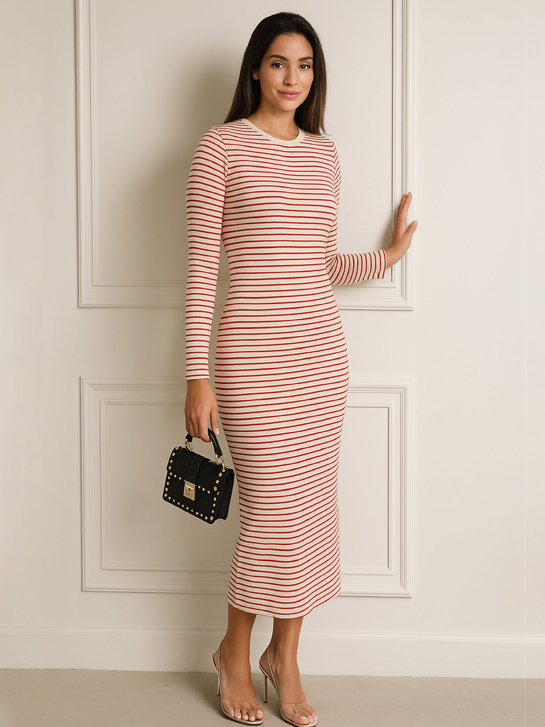Red & Beige Striped Rib Bodycon Midi Dress-SASSAFRAS
