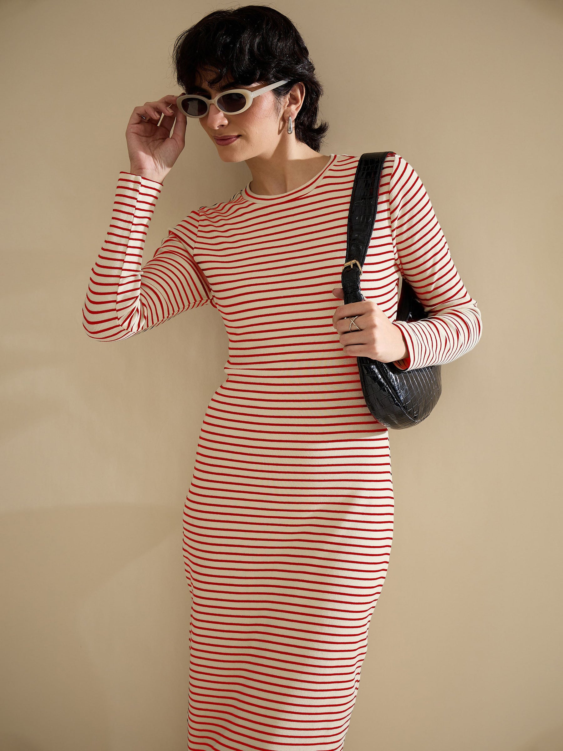 Red & Beige Striped Rib Bodycon Midi Dress-SASSAFRAS
